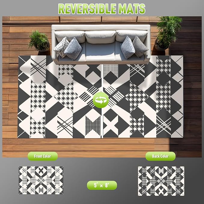 WILDROOTS 5x8 Feet Houndstooth Plastic Outdoor Rug, Stain Resistant Waterproof Reversible Outdoor Patio Rug, Fade Resistant Camping Rug