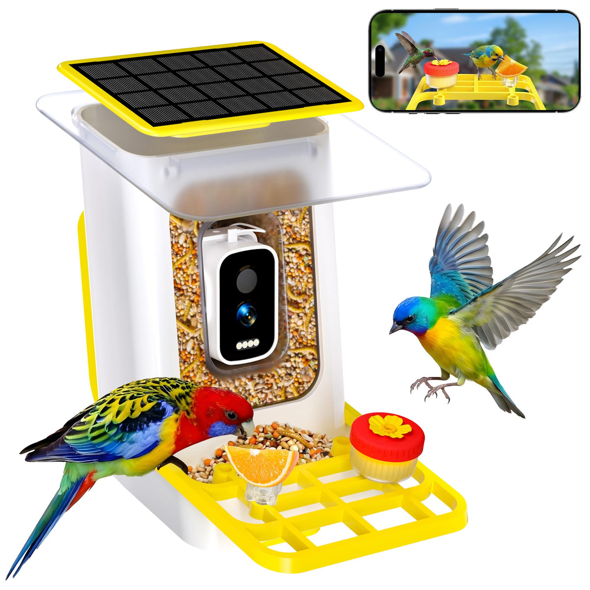 Bird Feeder with Camera, GTSABWAY Smart AI Identify Birds Camera with Solar Powered, Wireless Auto Record 5M HD Birds Video in Backyard, Instant Notifications - Yellow
