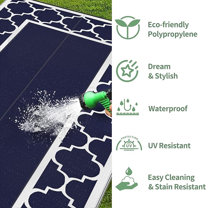 GENIMO 9' x 18' Outdoor Rug Waterproof for Patio, Foldable Reversible Plastic Straw Area Rugs Mat for Rv Decor, Outside Carpet for Camper, Deck, Picnic, Beach, Balcony, Porch, Blue & White