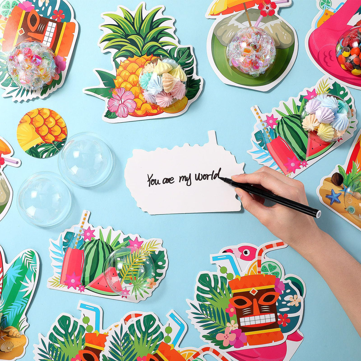 Motiskyy 30 Pack Hawaiian Candy Cards Hawaiian Theme Holder with Clear Plastic Candy Dome Tropical Party DIY for Summer Pool Beach Birthday Baby