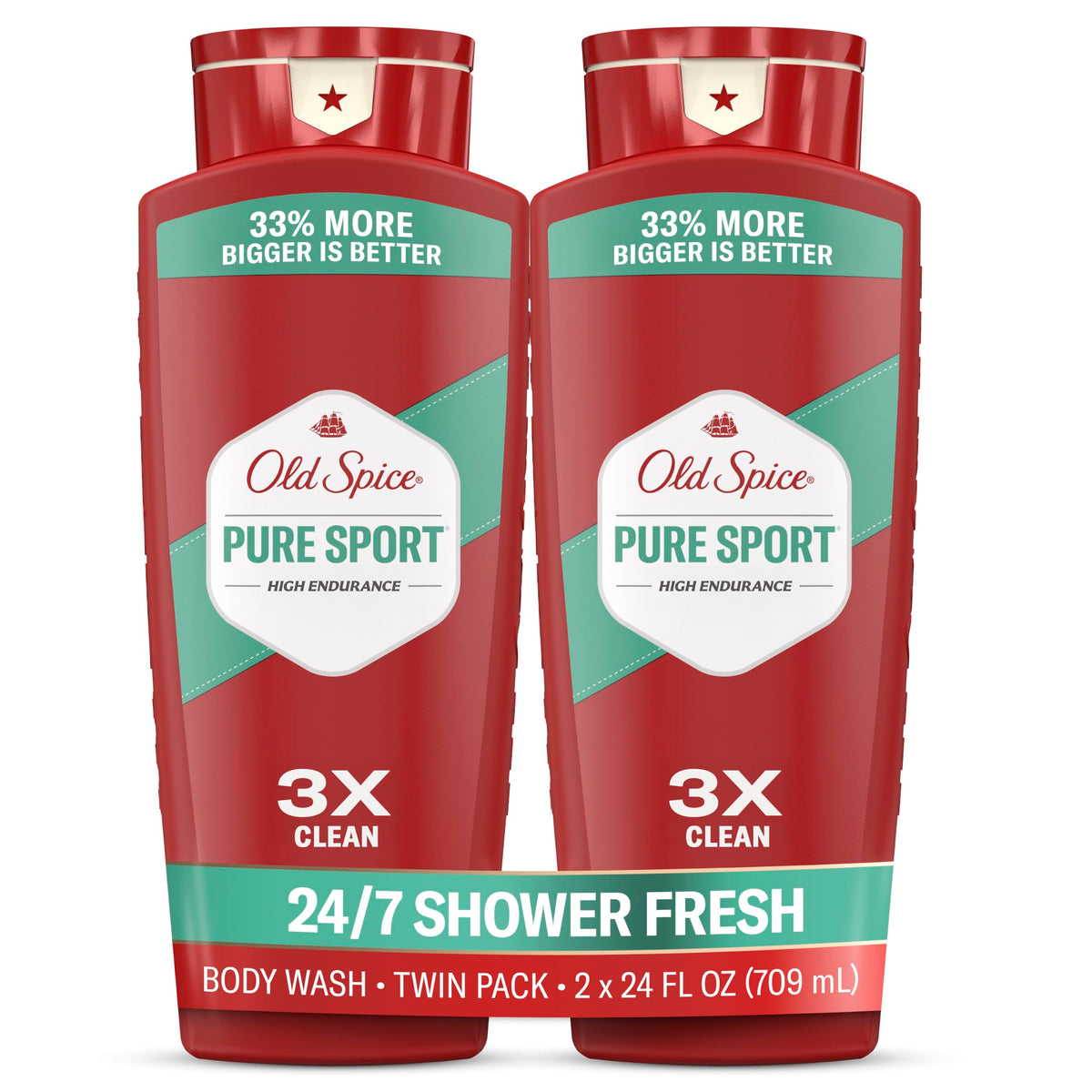 Old Spice Refreshing Body Wash for Men, High Endurance, 3X Defense, 24/7 Shower Fresh with Long Lasting Scent, Pure Sport Scent, 24 oz (Pack of 2)