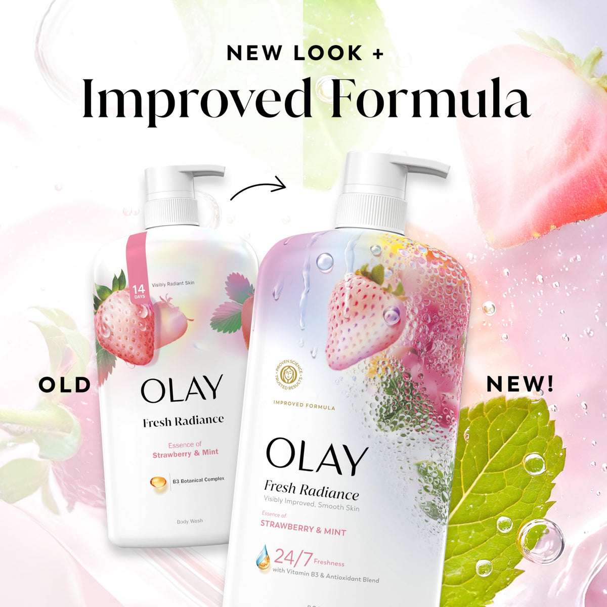 Olay Body Wash for Women, Fresh Radiance, 24/7 Skin-Loving Freshness, Visibly Radiant, Plant Based Cleansers, Vitamin B3 & Antioxidant Blend, For All Skin Types, Strawberry & Mint Scent, 29 fl oz