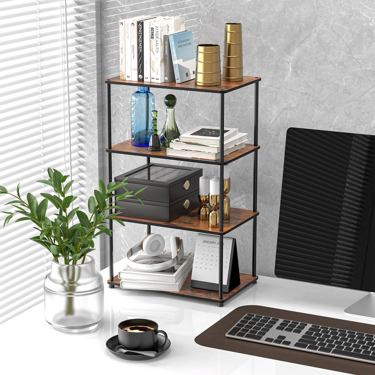 OneAhead Design Countertop Spice Rack, Stackable Wood & Metal Pantry Cabinet Shelf Organizer Storage, 4-Tier or Split into 2×2-Tier, Multi-Use for Kitchen Bathroom Desktop Home Office, Rustic Brown
