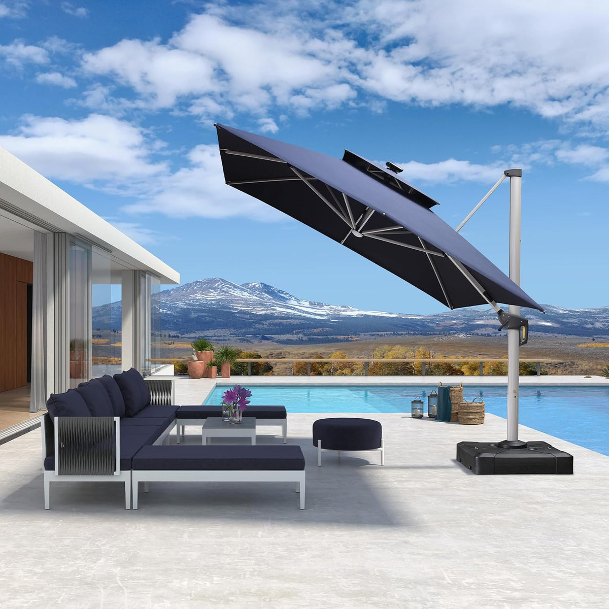PURPLE LEAF 10' X 13' Double Top Deluxe Solar Powered LED Rectangle Patio Umbrella Offset Hanging Umbrella Outdoor Cantilever Umbrella, Navy Blue