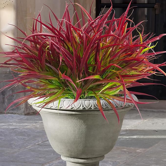 Uieke 12 Bundles Artificial Outdoor Plants UV Resistant Fake Grass Plants Faux Plastic Plants Greenery Shrubs for Home Garden Pathway Window Box Front Porch Spring Summer Decor, Deep Red