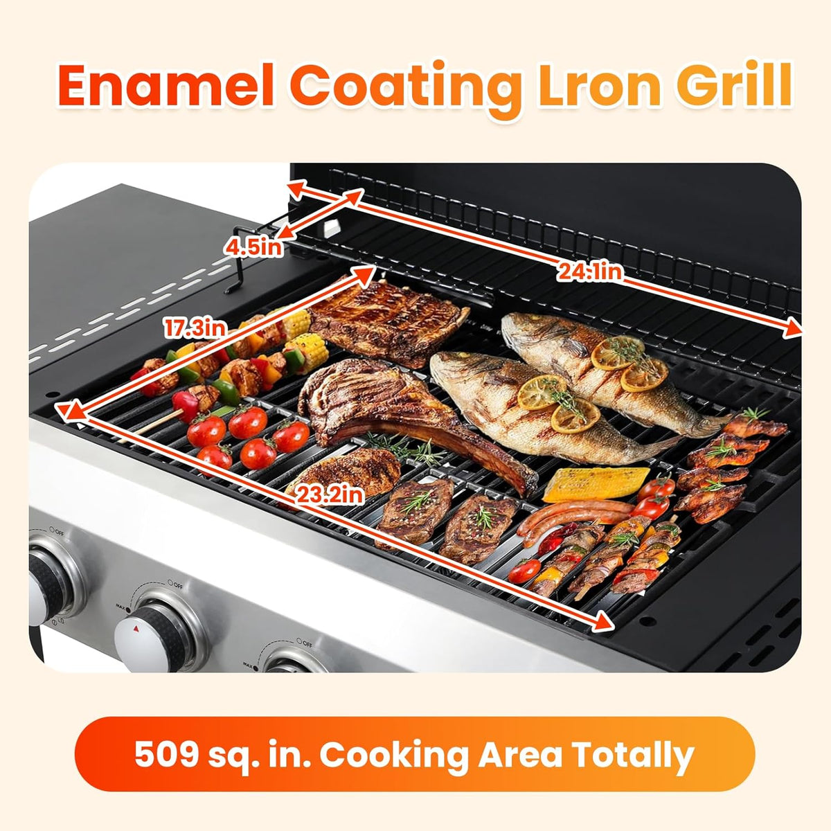 4-Burner Propane Gas BBQ Grill with Porcelain-Enameled Cast Iron Grates, Baking Sheet, 2 Foldable Side Table, 49,200 BTU Stainless Steel Grill for Outdoor Camping Barbecue Grilling Backyard Cooking