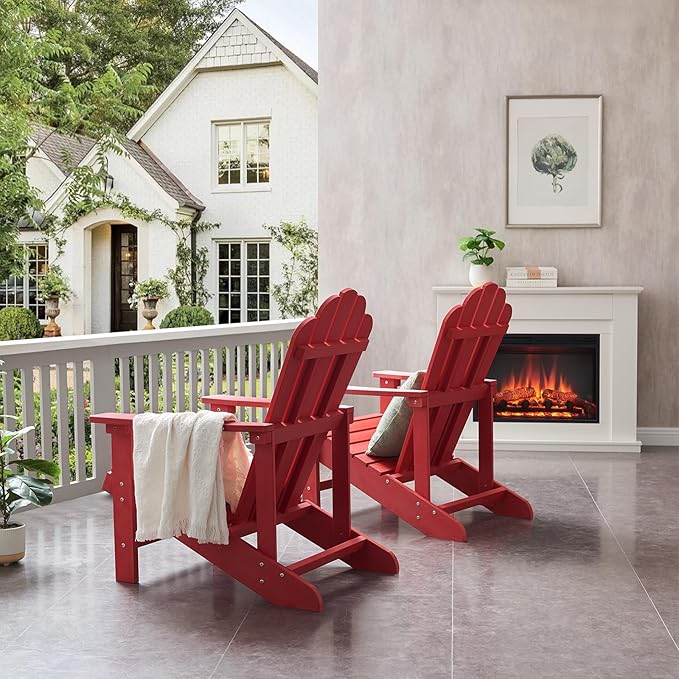 Psilvam Classic Adirondack Chair, Standard-Sized Poly Lumber Fire Pit Chair, 350Lbs Support Weather Resistant Patio Chairs for Garden, Party, Beach(Red)
