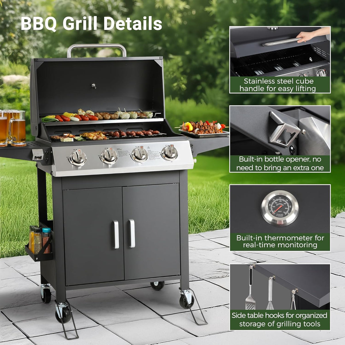 4-Burner Propane Gas BBQ Grill with Wheels, 40,000 BTU Output Stainless Steel Barbecue Grill for Backyard & Outdoor Cooking Easy Assembly, Foldable Side Tables & Spice Rack (Dark Black)