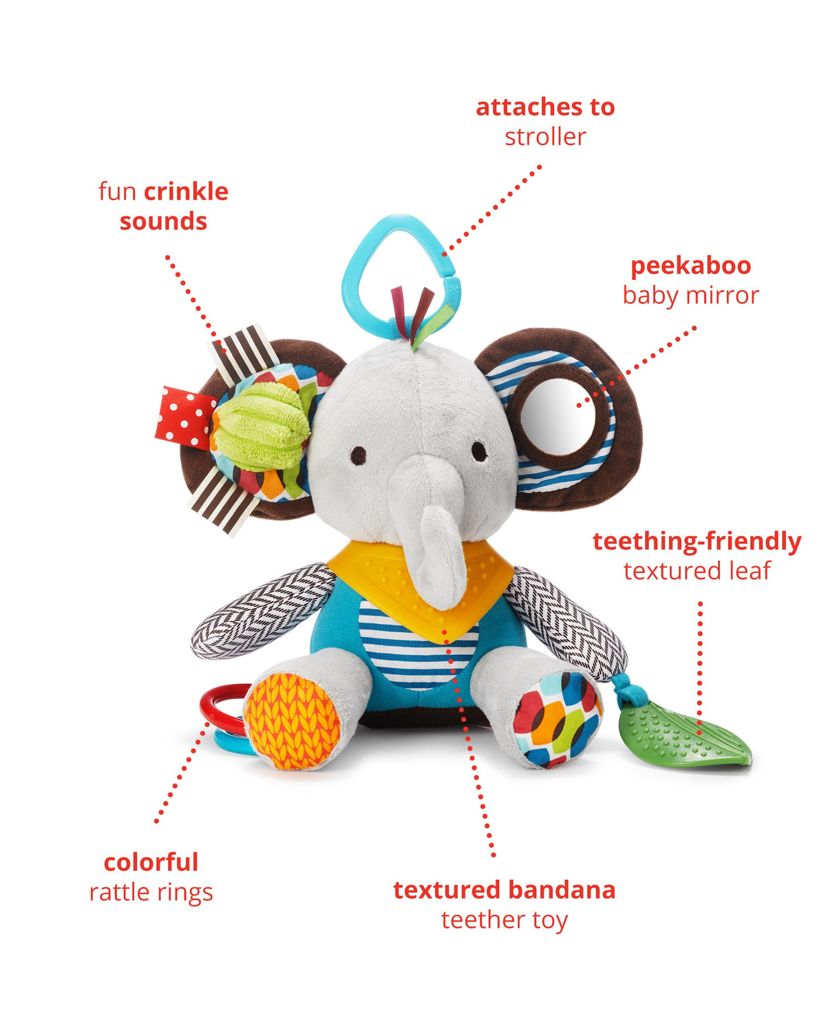 Skip Hop Bandana Buddies Baby Activity and Teething Toy with Multi-Sensory Rattle and Textures, Elephant