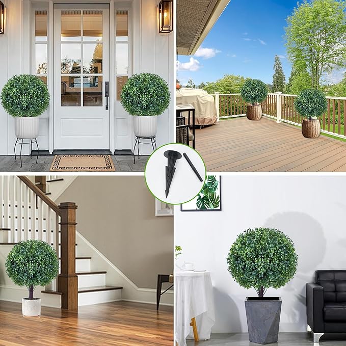 Artificial Boxwood Sphere Bushes Set of 2 Lifelike - UV Resistant Faux Shrubs with Stakes for Effortless Porch, Planter & Indoor Decor 16in FZHCZWZX