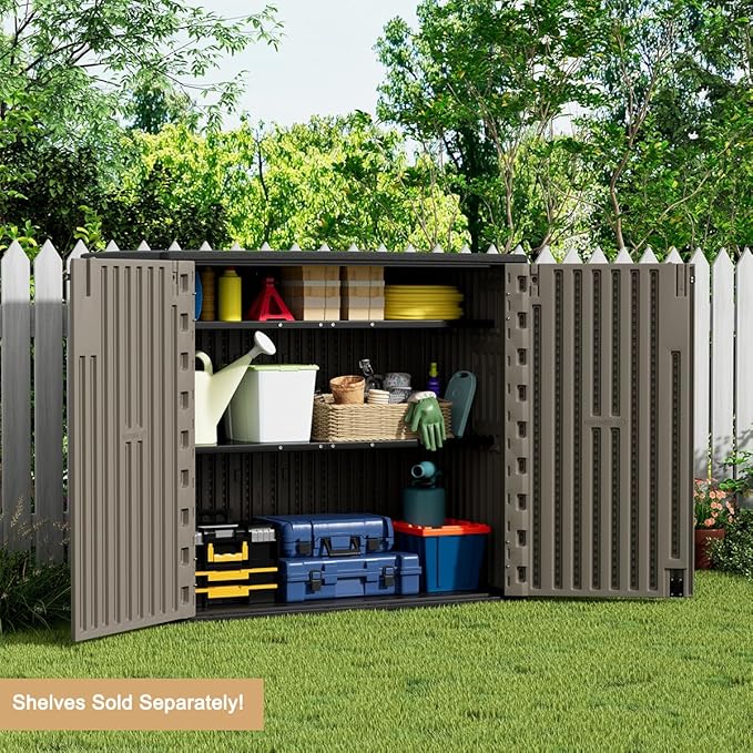 KINYING Outdoor Horizontal Storage Sheds,Outdoor Storage Cabinet Waterproof Resin Tool Storage Box for Lawn Mower,Garden Tools and Patio Furniture, Lockable (Brown)