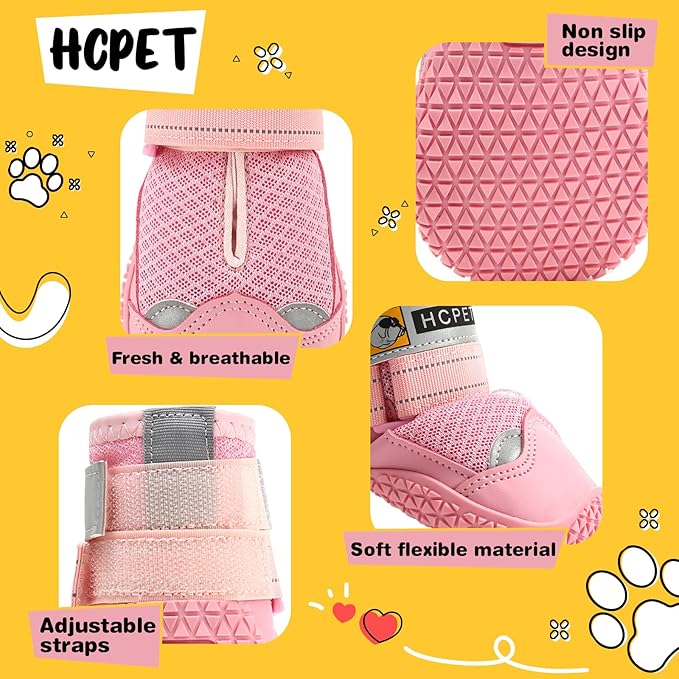 Hcpet Dog Shoes for Large Dogs, Breathable Dog Booties for Small Medium Dogs, Anti-Slip Dog Boots & Paw Protectors for Hot Pavement Winter Snow Hiking with Reflective Straps Pink Size 7