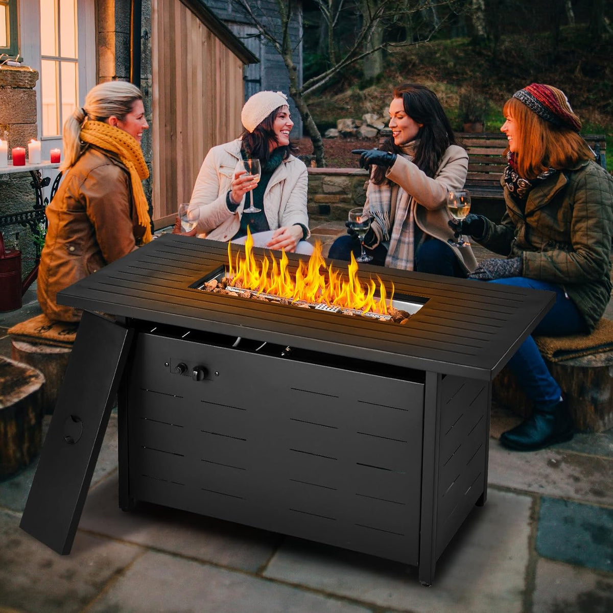 45 inch Propane Fire Pit Table,50000 BTU Gas Fire Pits Table with Lid & Lava Rock & Waterproof Cover, Outdoor Propane Firepit for Dining or Party, Outside, Patio, Garden, Yard