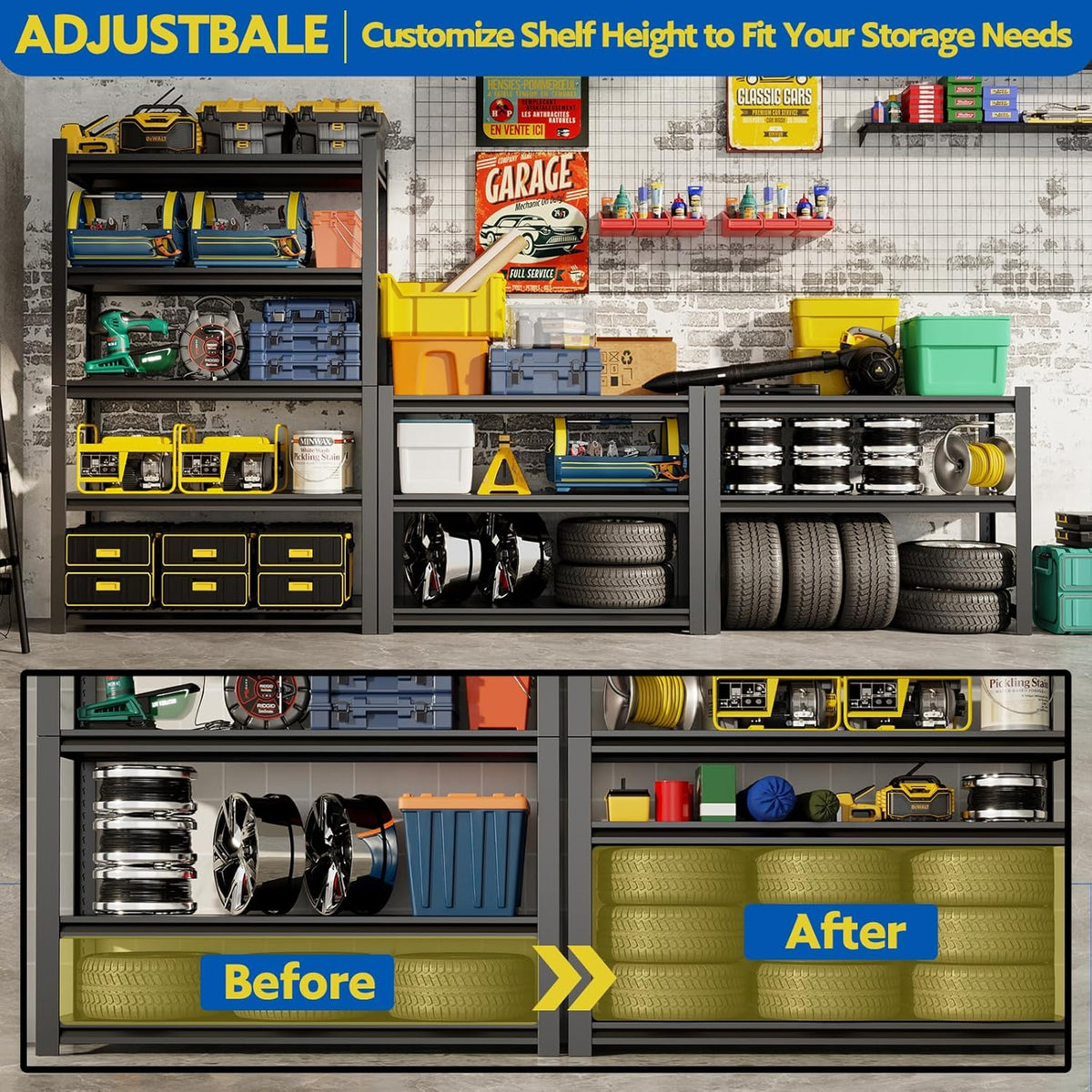 63''H Garage Shelving Heavy Duty, 2800LBS Storage Shelves, 5-Tier Adjustable Metal Shelve Storage Shelf Rack, Industrial Shelving Unit for Garage, Warehouse, Basement (32" W x 15.7" D x 63" H)