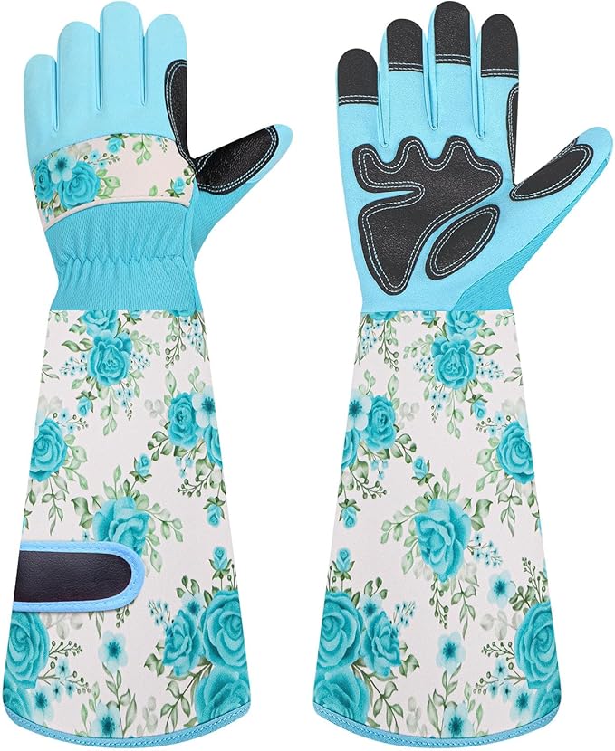 DLY Gardening Gloves for Women, Rose Gloves Gardening Thorn Proof, Long Garden Gloves for Women, Breathable & Durable Leather Gauntlet(Medium, Light Blue)
