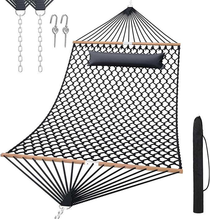 13FT Hammocks, Traditional Hand Woven Cotton Rope Hammock with Free Extension Chains for Outdoor Indoor Patio Yard 450 LSB Capacity for Two Person (Dark Grey)