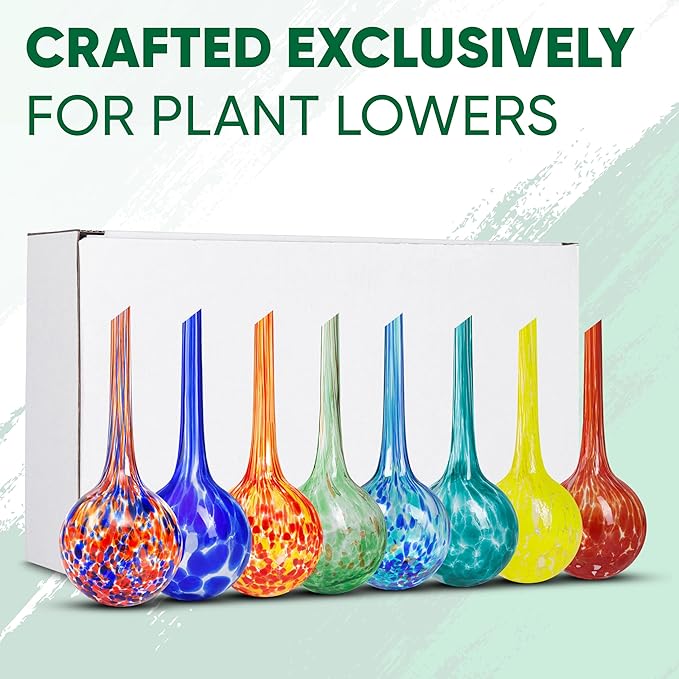Plant Watering Globes Set of 8 - Small Self Watering Globes for Indoor & Outdoor Plants - Multicolored, Automatic, Glass Watering Bulbs for Daily Use, Plant Watering Devices