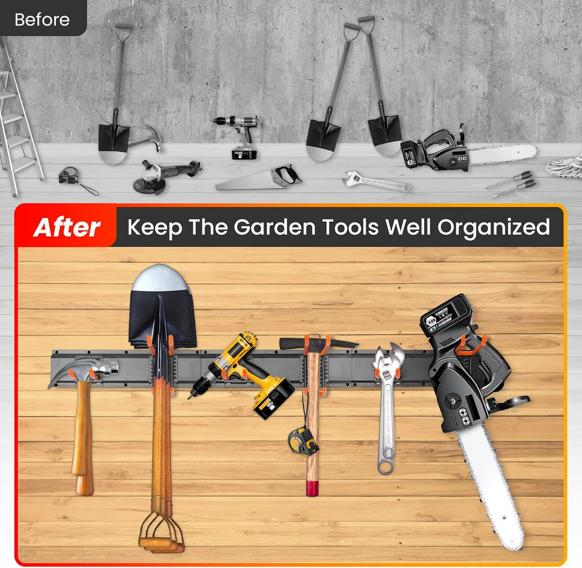 ELECROW Garage Storage Organizer, Wall Mount Rack with 6 Adjustable Hooks, 48 Inches Adjustable Garden Tool Organization, Heavy Duty for Garden and Yard Tool Storage