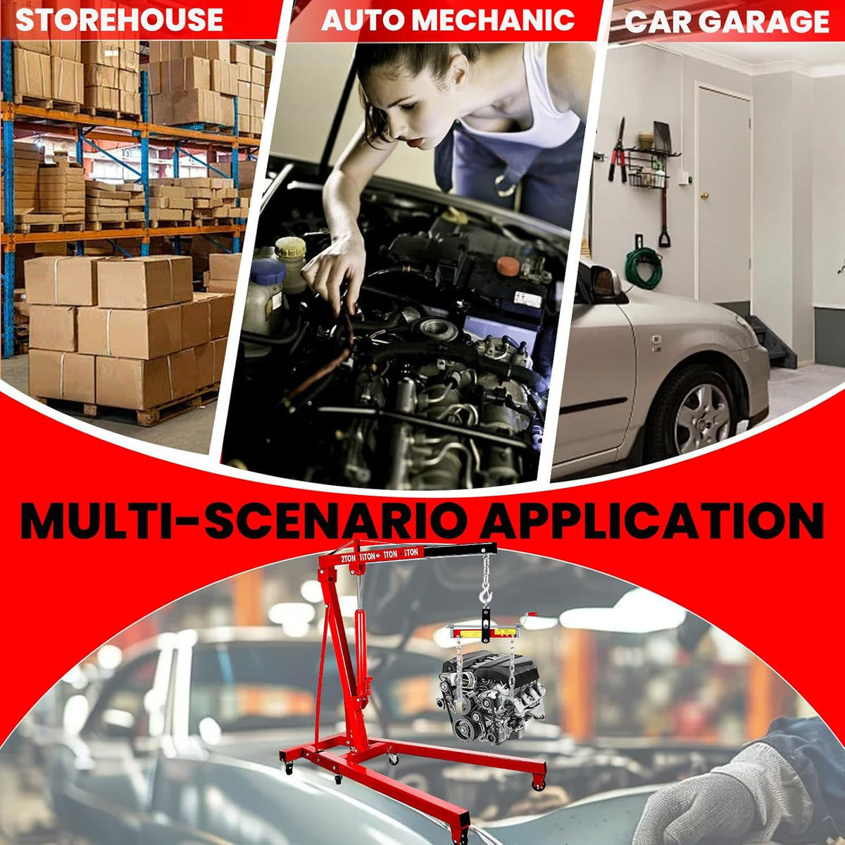 Engine Lift with Load Leveler,2T Heavy Duty Alloy Steel Folding Cherry Picker Engine Lift,Cherry Picker Workshop Crane,8Ton Hydraulic Engine Lift,Engine Lift for Workshop Warehouse Garage (Red)