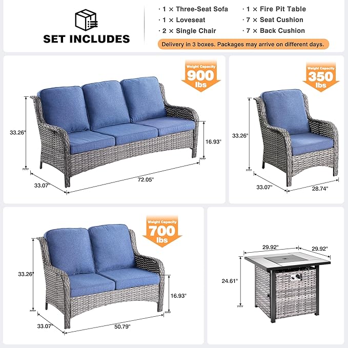 ovios 5 Pieces Patio Furniture Set with 30" Fire Pit Table, Outdoor Wicker Sofa with Loveseat, Comfy Cushions, High Back Couch Conversation Set, Grey Rattan, Denim Blue