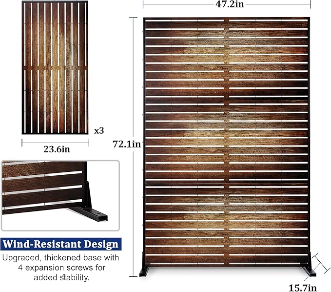 FENCY Outdoor Privacy Screen, 72" H×47" W Metal Patio Privacy Screen, Freestanding Decorative for Deck Balcony Patio Vintage Wood Color