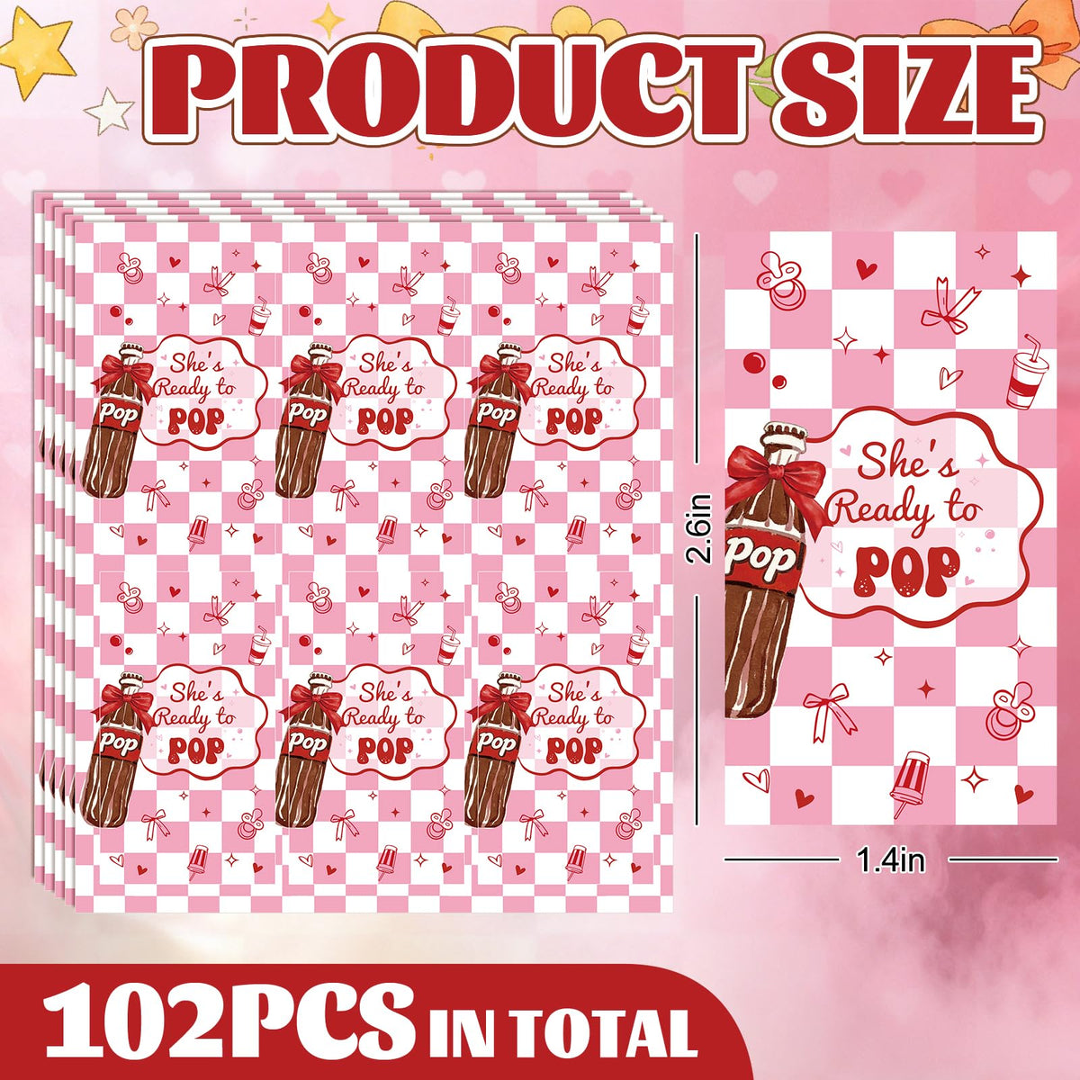 JarThenaAMCS 102Pcs She's Ready to Pop Candy Wrappers Baby Shower Chocolate Bar Wrappers Red Pink Soda Label Stickers for Gender Reveal Party Favors