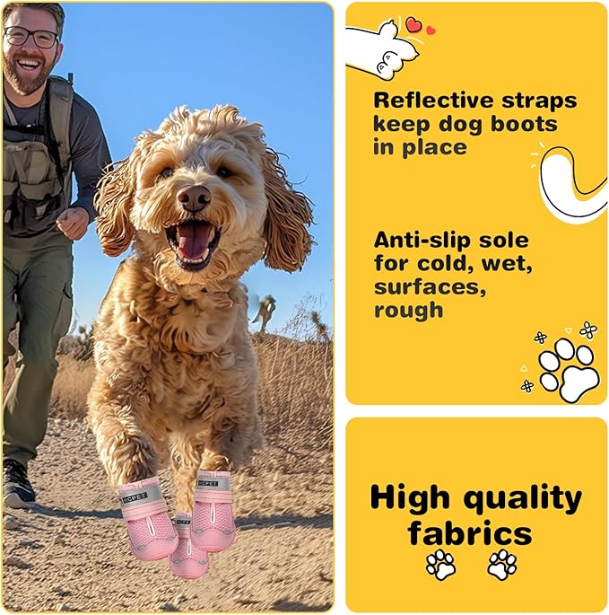 Hcpet Dog Shoes for Large Dogs, Breathable Dog Booties for Small Medium Dogs, Anti-Slip Dog Boots & Paw Protectors for Hot Pavement Winter Snow Hiking with Reflective Straps Pink Size 7