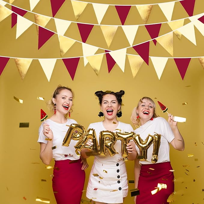 Burgundy Party Decorations Gold Maroon Beige Fabric Triangle Pennant Banner Garnet Flag Bunting Garland for Graduation Wedding Birthday Bridal Shower Bachelorette Anniversary Engagement Party Supplies
