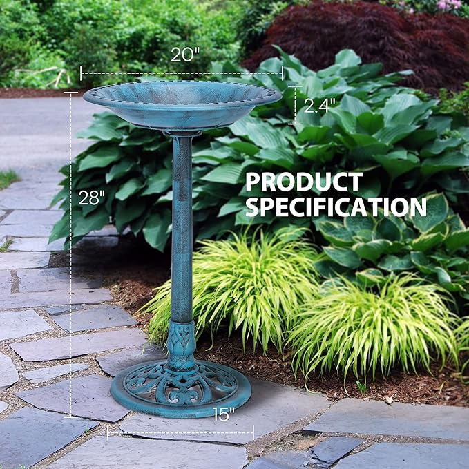 VIVOHOME 28 Inch Height Polyresin Lightweight Antique Outdoor Garden Bird Bath Blue