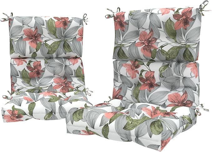 LVTXIII Outdoor Seat/Back Chair Cushion Patio Tufted High Back Cushion, Seasonal Replacement Rocking Chair Cushion with Ties (22” W x 20D”, Set of 2, Clemens Noir Pink)