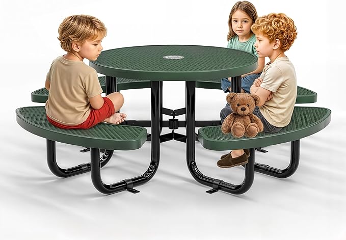 Metal Picnic Tables for Kids for Outdoors with Umbrella Hole - Coated Steel Heavy Duty Commercial Grade Table with Adjustable Seats (Green, 38 in, Kids, Expanded Steel)