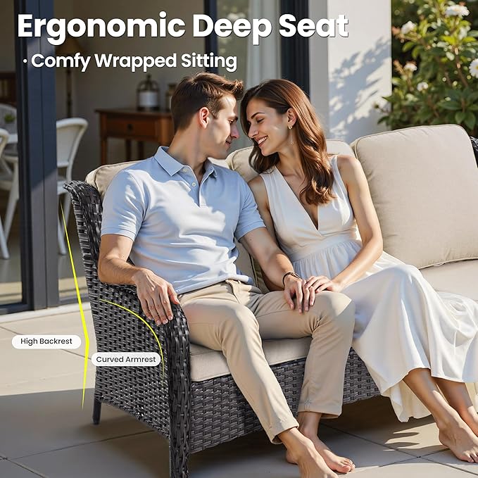 ovios 5 Pieces Patio Furniture Set with 42" Fire Pit Table, Outdoor Wicker Sofa with Loveseat, Comfy Cushions, High Back Couch Conversation Set, Brown Rattan, Beige