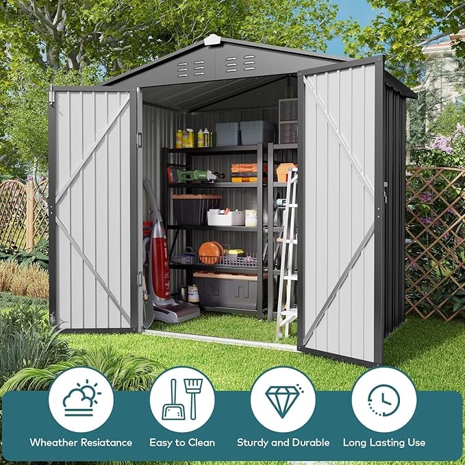 Gizoon Outdoor Storage Shed 6 x 4 FT, Galvanized Metal Garden Shed with Double Lockable Doors, Outdoor Storage Clearance for Backyard Patio Lawn-Dark Grey