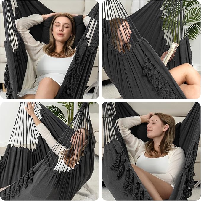 Y- STOP Hammock Chair Hanging Rope Swing, Max 500 Lbs, 2 Cushions Included, Large Macrame Hanging Chair with Pocket, Cotton Weave for Superior Comfort, Durability (Dark Grey)