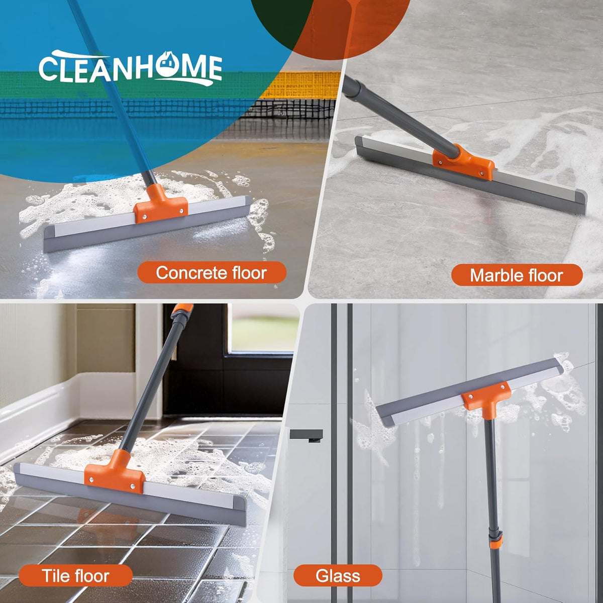 Rubber Floor Squeegee for Concrete Floor, Tile Floor, Metal Aluminium Heavy Duty Garage Shower Floor Squeegee Broom for Removing Water, Commercial Scrubber Mop with Extendable Long Handle