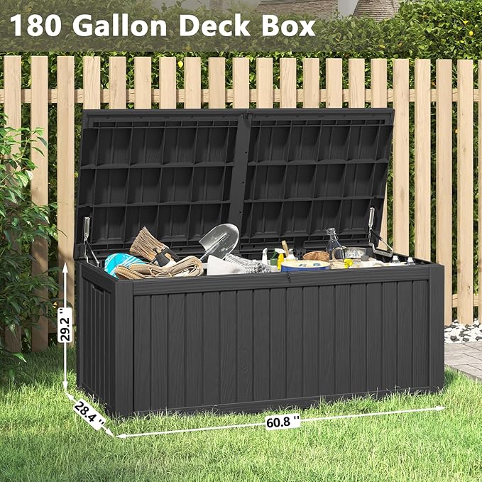 NUNU LAB 180 Gallon Outdoor Storage Box,Large Resin Sturdy Deck Box, Backyard Outside Storage Box Waterproof with Double Wall Panels,Package Delivery Garden Hose Storage Bin Outdoor Tool