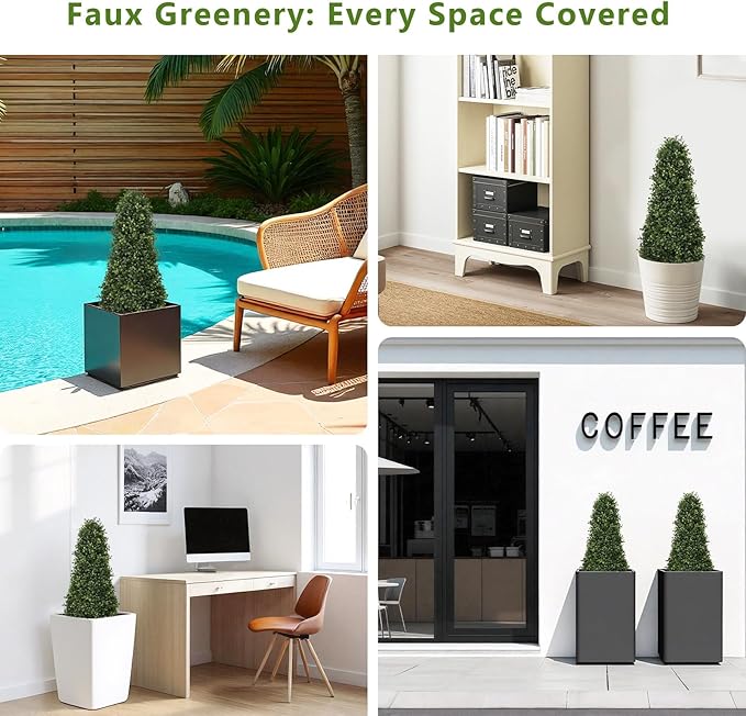 3ft Artificial Boxwood Topiary Trees (Set of 2) - UV Resistant Faux Plants Outdoor, Realistic 36" Fake Cone Bushes and Shrubs for Front Porch, Planter, Patio - Low Maintenance & Evergreen