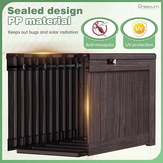 Greesum 120 Gallon Outdoor Storage Box with Lock - Large Resin Deck Box, Reinforced Lid for Garden, Patio, Lawn, Brown