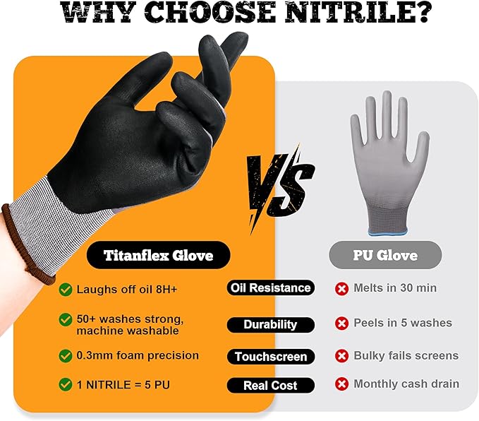 TitanFlex Work Gloves Microfoam Nitrile Coated Men Women, Safety Warehouse Gloves with Grip, Touchscreen, Seamless Knit Nylon