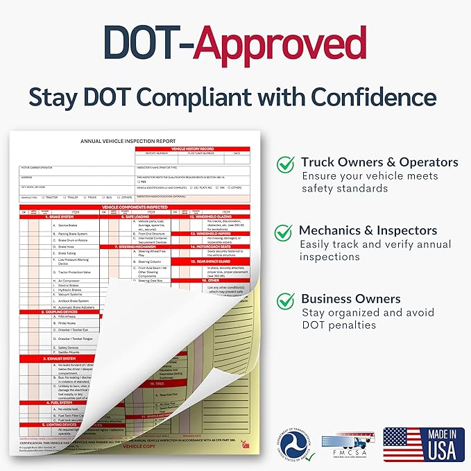 25 Pack 3-Ply Carbonless Annual Vehicle Inspection Report Forms with FMCSA Red Aluminum Labels & White Mylar Laminate Vinyl Labels, DOT Inspection Forms and Stickers, Shrink-Wrapped, 8.5" x 11.75"