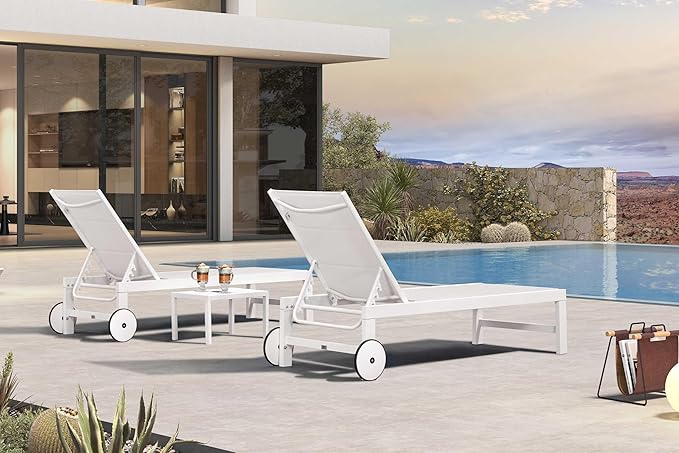 PURPLE LEAF Outdoor Chaise Lounge Set Staight Legs Adjustable Sunbathing Recliner with Side Table for Poolside Beach Outside Patio Aluminum Chaise Lounger Cream