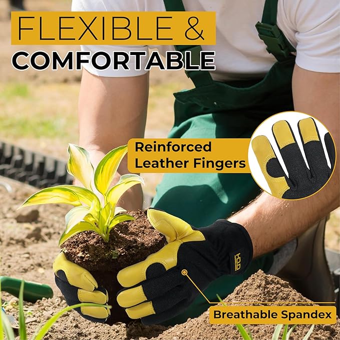 HANDLANDY Leather Work Gloves for Men & Women, Reinforced Durable Garden Gloves, Cowhide Working Glove for Gardening