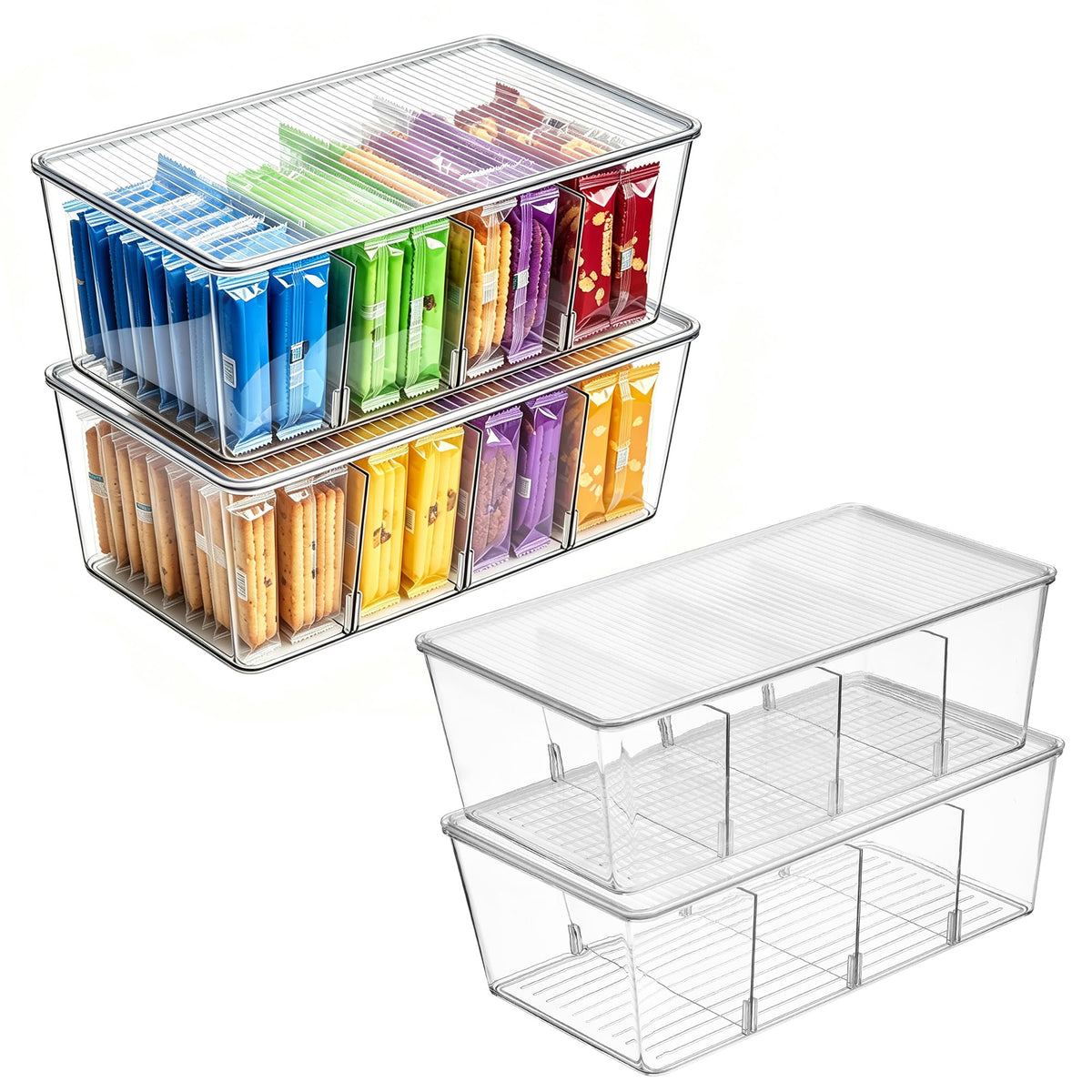 Vtopmart 4 Pack Pantry Organizer Bins with Lids, Removable Dividers