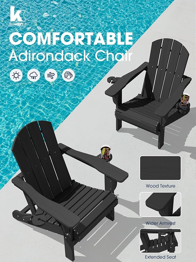 KINGYES Folding Adirondack Chair with Dual Cup Holders - HDPE All-Weather Outdoor Chairs, Wood-Like Patio Chair for Backyard, Camping, Pool & Fire Pit, Black
