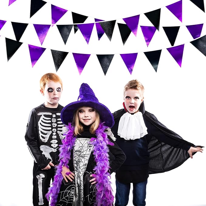 Purple and Black Party Decorations Metallic Fabric Triangle Pennant Banner Flag Bunting Garland for Graduations Birthday Retirement Wedding Baby Shower Bachelorette Halloween Outdoor Party Supplies