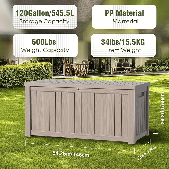 120 Gallon Outdoor Storage Box – Waterproof Deck Box for Patio & Garden,Light Brown