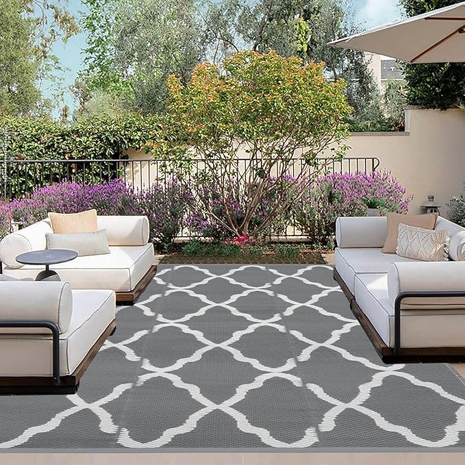 OutdoorLines Outdoor Plastic Area Rugs for Patio 6x9 ft - Reversible Outside Carpet, Stain & UV Resistant RV Mats, Straw Rug for Camping, Deck Garden, Porch and Balcony, Moroccan Grey & Light Grey