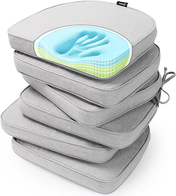 SUNROX Gel Memory Foam Chair Cushions, FadeShield Water-, Stain-Resistant Durable Reversible Seat Cushion Pads with Ties for Indoor/Outdoor Kitchen Dining Office, 17"x16", Set of 6, Heather Grey