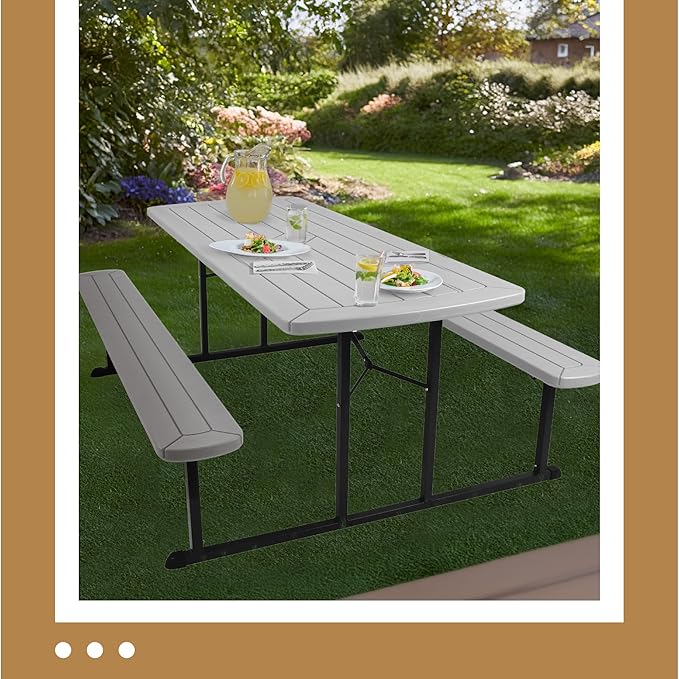 OEF Furnishings Heavy Duty Blow Molded Folding Picnic Table- Light Speckled Grey, Black Frame