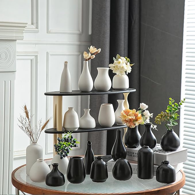 JOJUNO Black Bud Vases, Small Ceramic Vase Set of 11, Mini Pottery Vases for Flowers, Decorative Pieces for Home Modern Decor, Boho Decor, Chic Accents for Living Room Dining Table Shelves